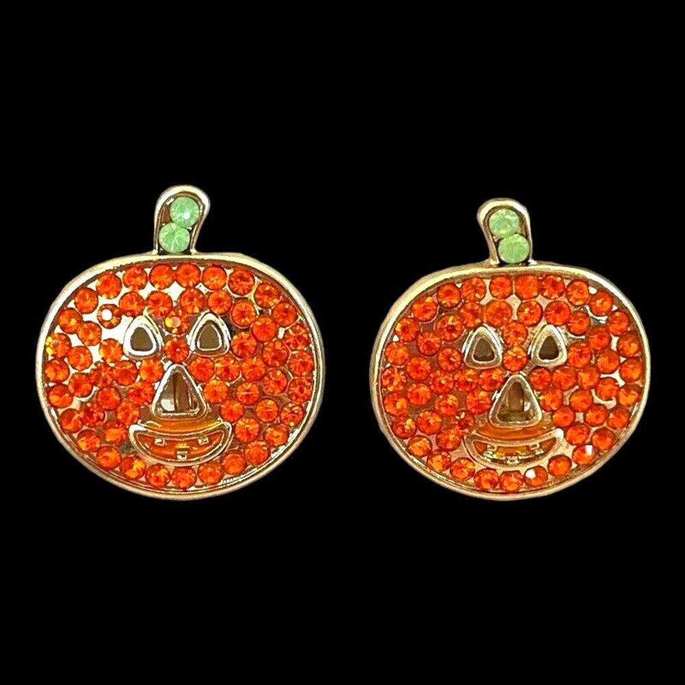 New Vintage Halloween Clip On Earrings Orange Crystals Jack-O-Lantern - 6P